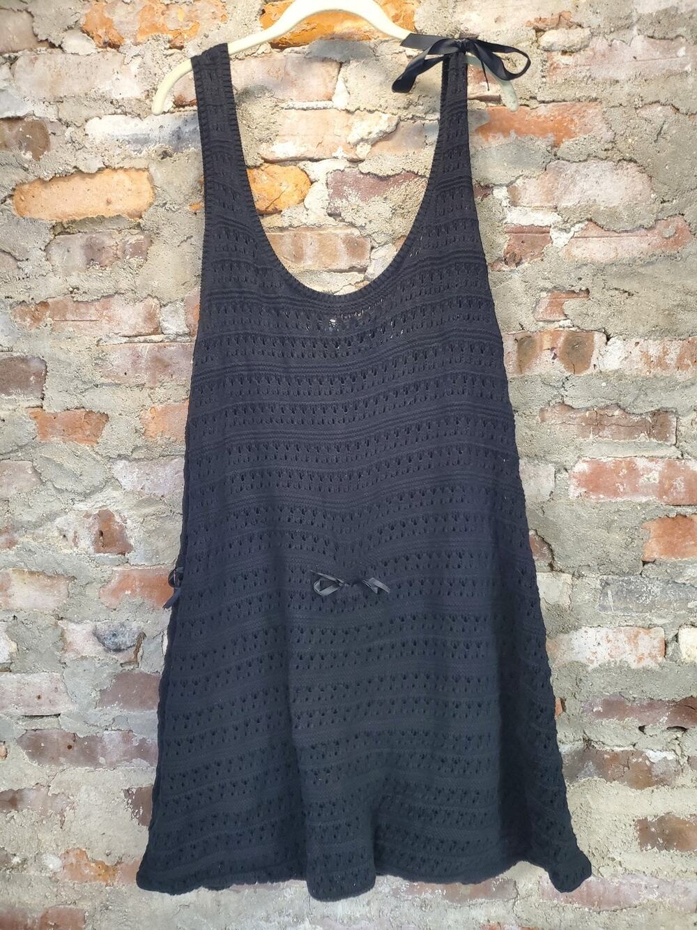 Old Navy Womens Crochet Knit Cover Up Dress 3X Black Sleeveless Scoop Neck Tie